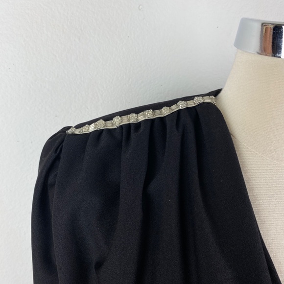 Vintage 80s Black Cocktail Dress Large Silver Beaded Drape Front Evening Formal - Picture 4 of 15